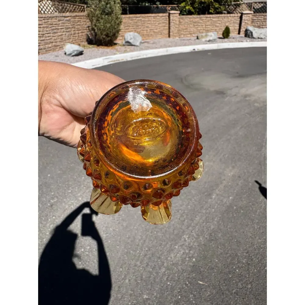 Fenton Art Glass Colonial Amber Hobnail mini vase double crimped ruffled rim 70s